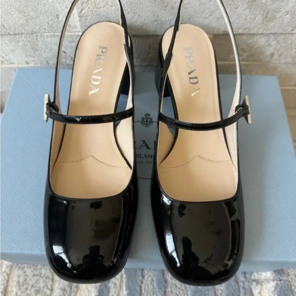 Prada Décoletté Logo Slingback Mary Jane Black Patent Leather Block Heel Pump - Picture 3 of 8